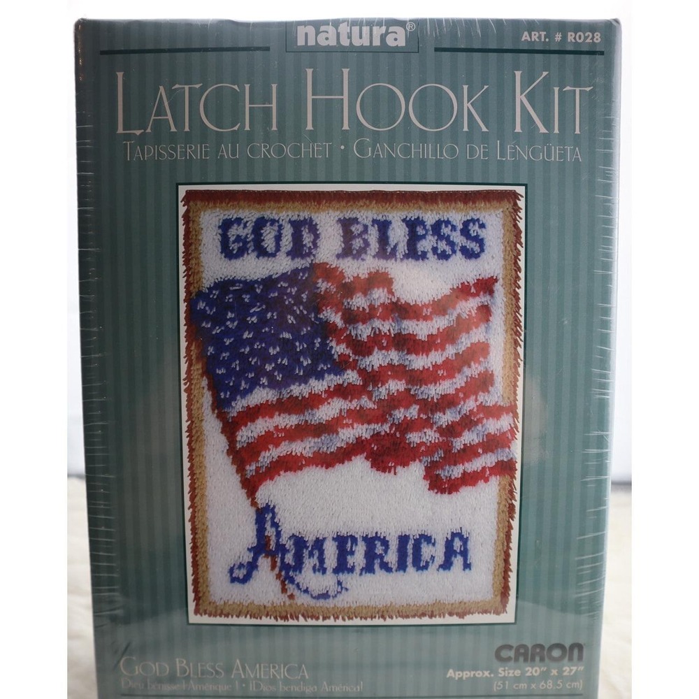 1990s Vtg Caron Latch Hook Kit R028 God Bless America Flag 20x27 Americana craft